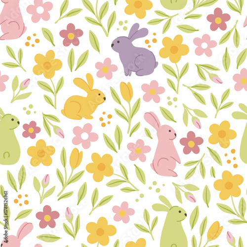 Happy Easter seamless vector pattern. Easter eggs, bunny, butterflies, and chicks in a creative repeating design. A repeating endless flat design in pastel colors.