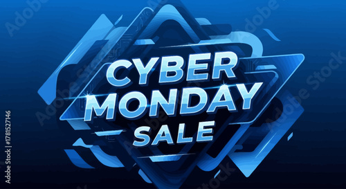 Futuristic Cyber Monday sale banner with 3D typography on a blue digital background for online shopping promotions and advertising