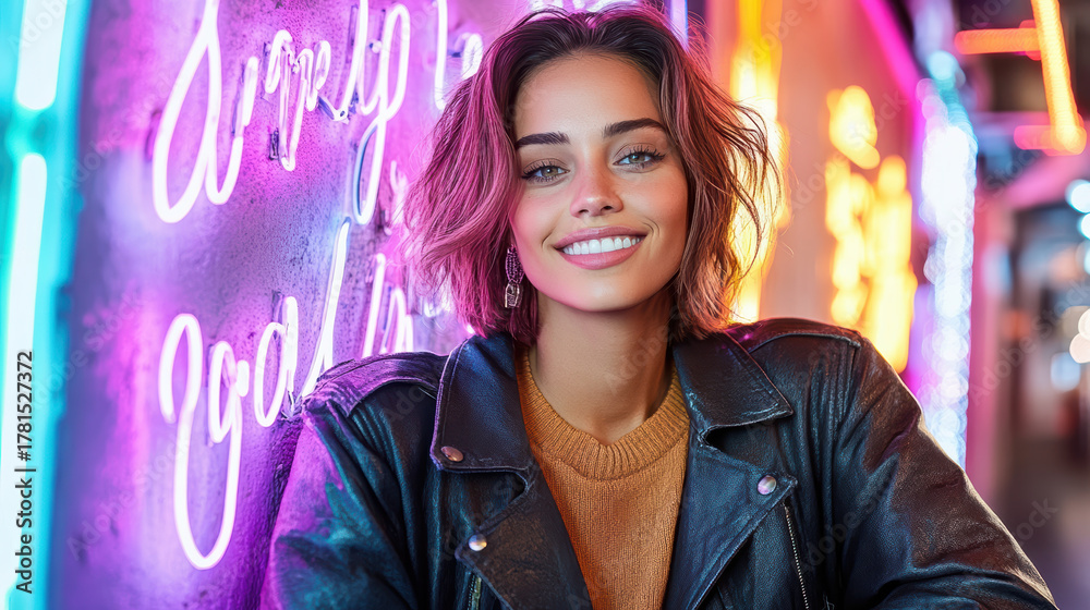 Fototapeta premium Young woman smiling in neon alley with leather jacket and warm sweater
