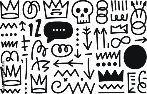 Collection of hand drawn black and white doodle icons and symbols for creative projects
