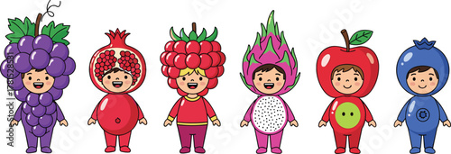 Children in fruit costumes, cartoon dress-up characters, grapes, apple, dragon fruit, raspberry, blueberry, pomegranate, playful educational theme, healthy eating illustration