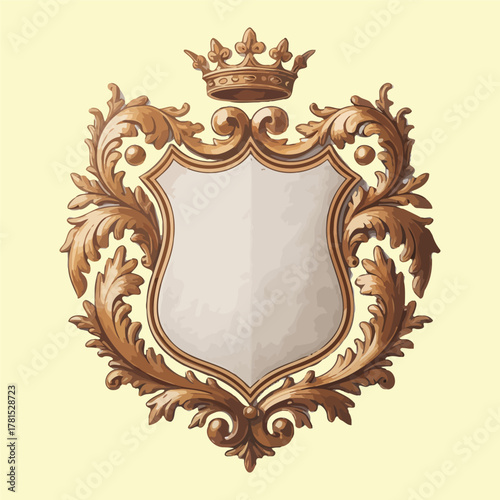 Ornate golden royal crest with blank shield and crown on a pale yellow background design element