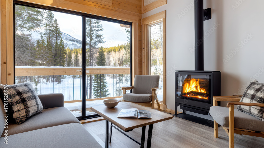 Naklejka premium Cozy cabin living room with fireplace, large window view of snowy pine forest