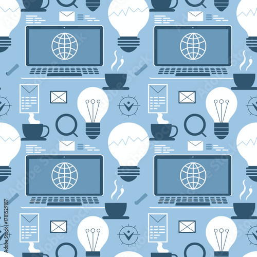 A colorful illustration of a vibrant workspace that features laptops, light bulbs, and informational elements, symbolizing the fusion of creativity and technology in modern business.