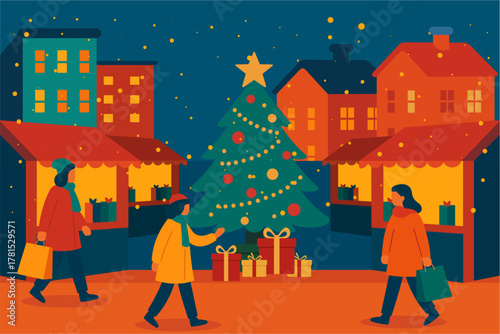 Christmas Market Street with Festive Lights and Shoppers in Modern Flat Design