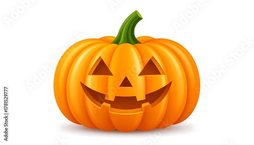 A vibrant, carved pumpkin with a friendly, toothy grin and a green stem, isolated on a white background. It's a classic Halloween icon