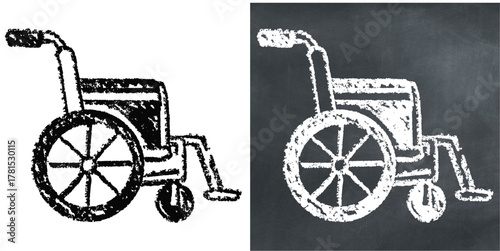 Chalk hand-drawn wheelchair vector. Ideal for accessibility, disability, and medical transport themes. This graphic symbolizes mobility, patient care, and special assistance services. Perfect for sign