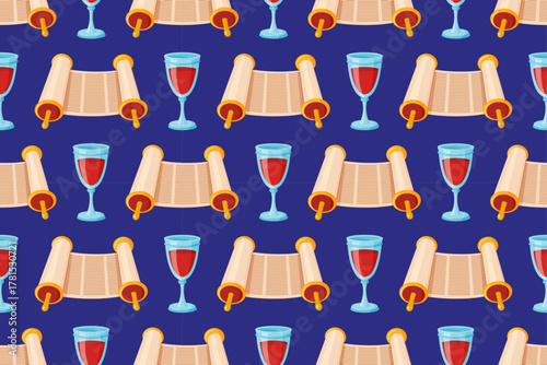 Seamless pattern rolled scrolls Torahs and wine glasses with red wine. Flat vector design perfect for Jewish holiday backgrounds, textiles, and religious themes. Vector illustration