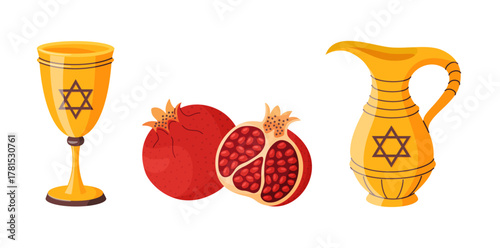 Jewish holiday elements set. golden Kiddush cup, oil jug whis Star of David, and pomegranates. Festive flat vector design perfect for invitations, menus, stickers and religious event graphics