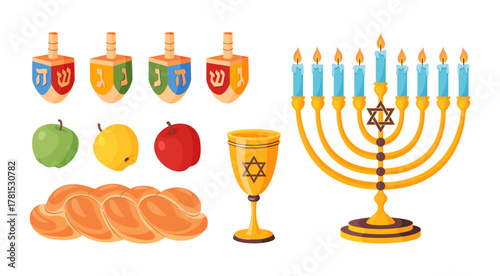 Jewish holiday items set. dreidels, apples, challah bread, golden Kiddush cup, lit menorah. Colorful flat vector design, useful for holiday cooking, greeting cards, stickers and educational materials
