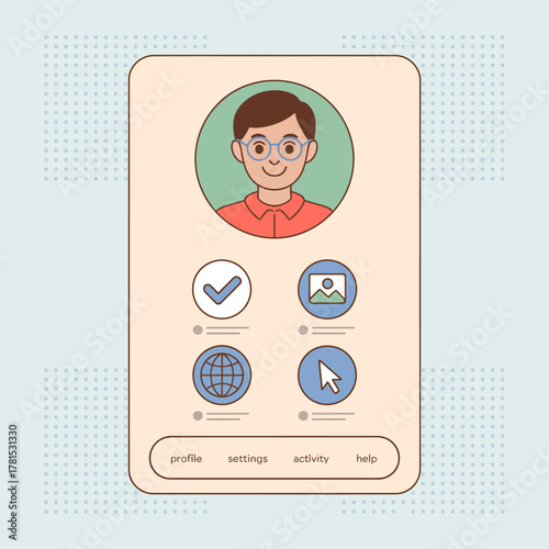 This clear illustration features a user profile panel with a simple layout and various settings icons, ideal for digital interfaces and enhancing user experience.