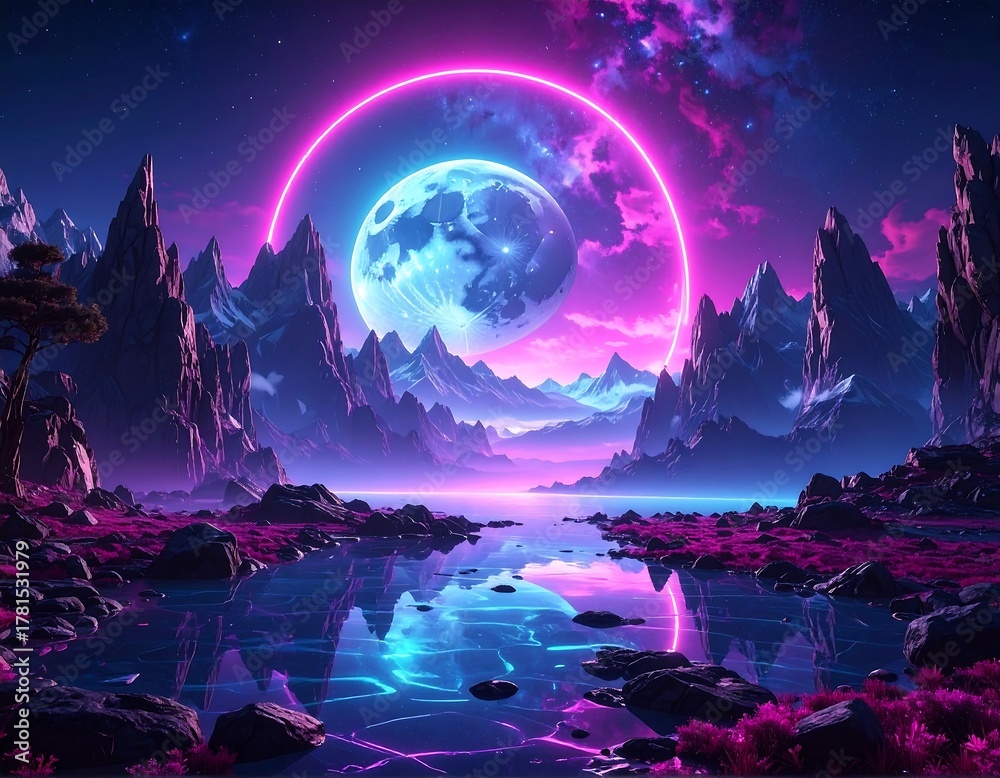 Fototapeta premium A surreal landscape with mountains, reflecting water, and a bright neon pink ring surrounding a glowing blue moon against a nebula sky