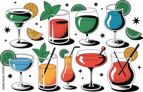 Assorted Colorful Cocktails with Fruit Garnish and Mint Leaves drink beverage