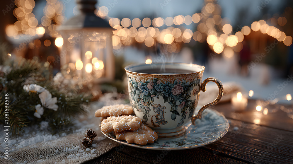 Fototapeta premium Merry Christmas and happy holidays, a cup of hot drink and cookies on the background of the lights of the Christmas market. AI design