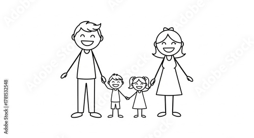 Black and white stick figure drawing of a happy family with two children holding hands.