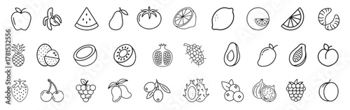 Fruits line icon set. Exotic fruits icons. Thin line vector illustration of banana, orange, strawberry, grapes, pineapple, mango, blueberry, raspberry, lime, kiwi, papaya, pomegranate, coconut