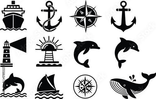 Nautical Icons Collection with Ship Anchor Lighthouse Dolphin and Whale illustration