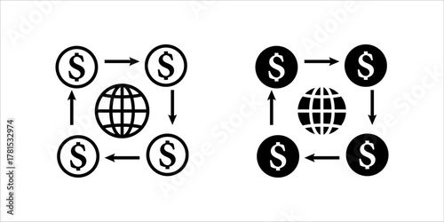 Global Money Flow International Transaction Icon A black and white vector icon illustrating global finance, international money transfer, or economic circulation. The design features a globe at the ce
