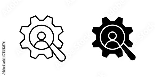 A black and white vector icon set. illustrating user search, human resources (HR) management, or process optimization. The icon features a person silhouette inside a magnifying glass