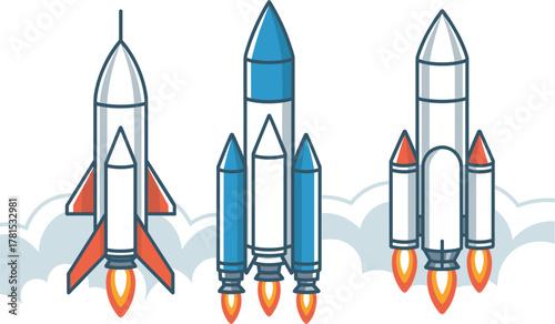 Three Cartoon Rockets Launching into Clouds with Fire and Smoke spaceship spacecraft