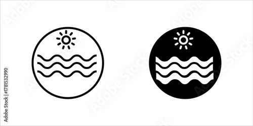Sun and Waves Line Art Circle Icon A minimalist black and white line art vector icon depicting summer, beach, vacation, or water resources. The design features a stylized sun with rays above three wav