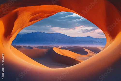 Fototapeta Naklejka Na Ścianę i Meble -  An ancient desert arch framing a breathtaking view of sand dunes
