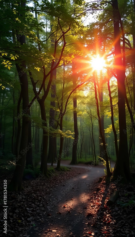 Fototapeta premium Sunlight filtering through dense canopy illuminates a winding, leaf-strewn forest path, dappled light, nature