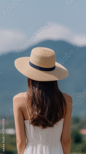 Serene Beauty Amidst Majestic Peaks captivating portrait showcases woman elegantly dressed white, gazing thoughtfully breathtaking vista