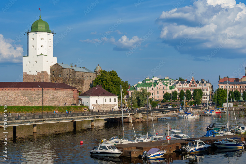 Fototapeta premium Vyborg Castle with green dome tower on a sunny day in Russia
