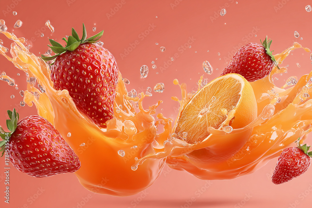 Fototapeta premium Vibrant red strawberries and a sliced orange burst into a wave of sweet orange juice with refreshing water drops