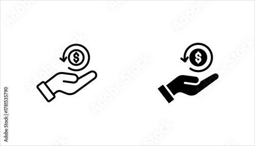 Cashback money back return dollar coin holding hand icon set, eps 10