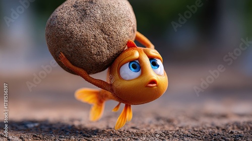 Animated fish carrying stone concept illustration