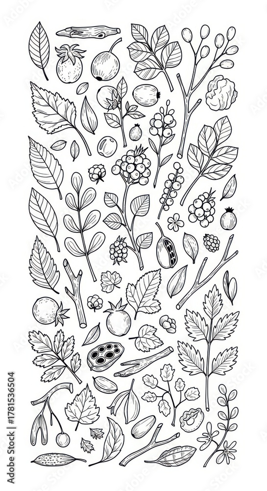 Fototapeta premium Isolated plant illustration on white background. Black and white detailed outline of plant element pattern with leaves