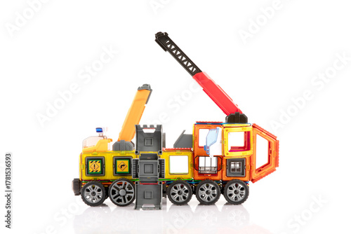 Vibrant Magnetic Toy Crane Truck Built with Colorful Building Blocks for Children