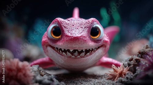 Cartoon shark creature with large eyes and sharp teeth underwater