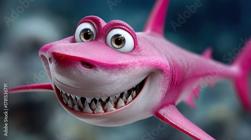 Cartoon pink shark with big eyes and wide grin