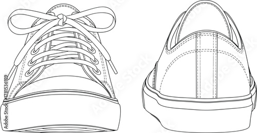 Casual sneaker technical sketch, front and rear view, lace-up shoe, fashion flat, CAD drawing, vector illustration, footwear design