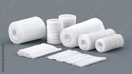 Variety of white bandages and gauze rolls arranged for medical use