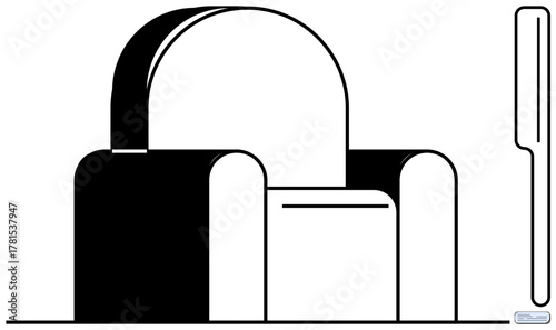 Armchair with rounded backrest next to a standing floor lamp in clean lines and contrasting tones. Ideal for interior design, minimalist living, modern lifestyle, furniture catalog, simplicity