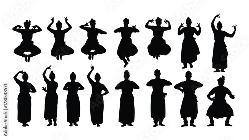 Indian classical dance silhouettes isolated on white background, Vector