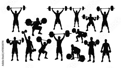 Weightlifting and strength training silhouettes isolated on white background, Vector