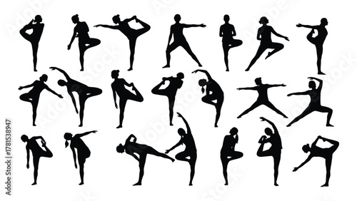Collection of yoga poses silhouettes isolated on white background, Vector