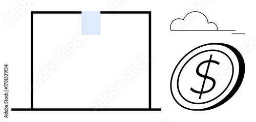 Minimalist design of laptop screen with a coin and cloud icon, highlighting digital finance trends. Ideal for technology, money management, online payments, fintech, cloud economy, e-commerce, simple