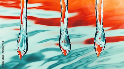 Three icicles in vibrant hues against a liquid backdrop.