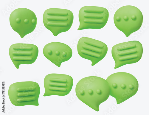 Creative 3D chat icons set, symbolizing dialogue, conversation, texting, communication apps, forums, and social media interaction.
