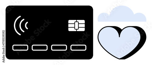 Contactless payment card, cloud, and heart shape representing digital payments, technology, connectivity, and user trust. Ideal for fintech, security, online shopping innovation smart solutions