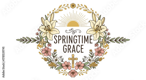 Elegant floral wreath design with Springtime Grace text and religious cross