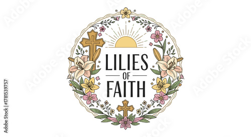 Lilies of Faith: Decorative Floral Wreath with Religious Symbolism and Sun Rays