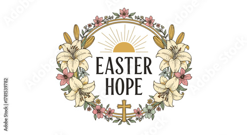 Floral wreath design with central text 'Easter Hope' and a cross symbol