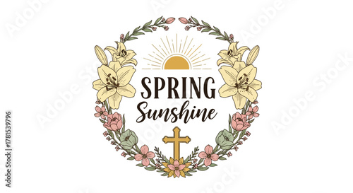 Spring Sunshine Floral Wreath with Cross and Sunburst for Divine Occasions